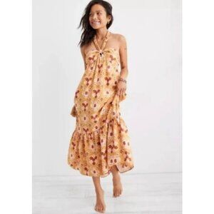 Aerie Linen Blend Braided Halter Midi Dress NWOT